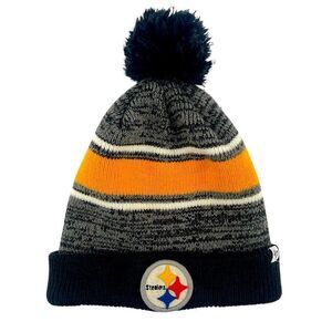 NFL x ‘47 Brand Kid’s Pittsburgh Steelers Black Gold Knit Pom Pom Beanie Hat OS